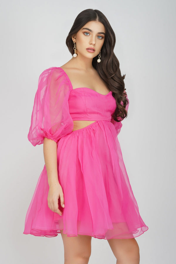 lace & beads Katja Bright Pink Puff Sleeve Dress
