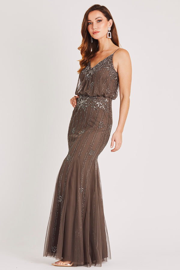 Lace & Beads Keeva Stone Grey Bridesmaid Maxi Dress