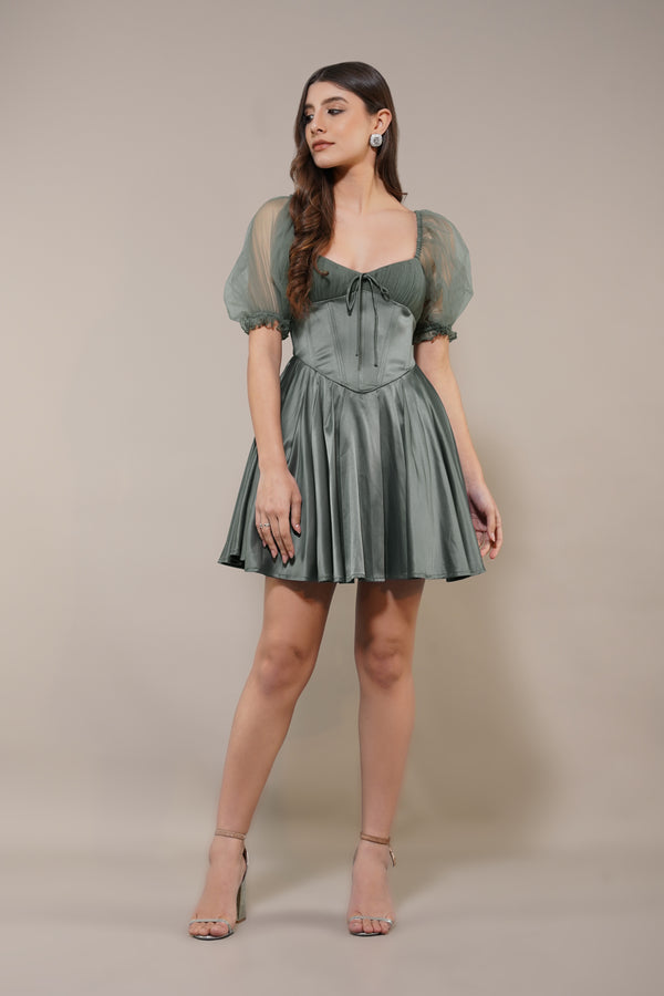 lace & beads Keila Mini Dress in Green Grey