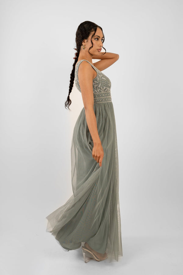 Lace & Beads Kreshma Teal Embellished Maxi Dress