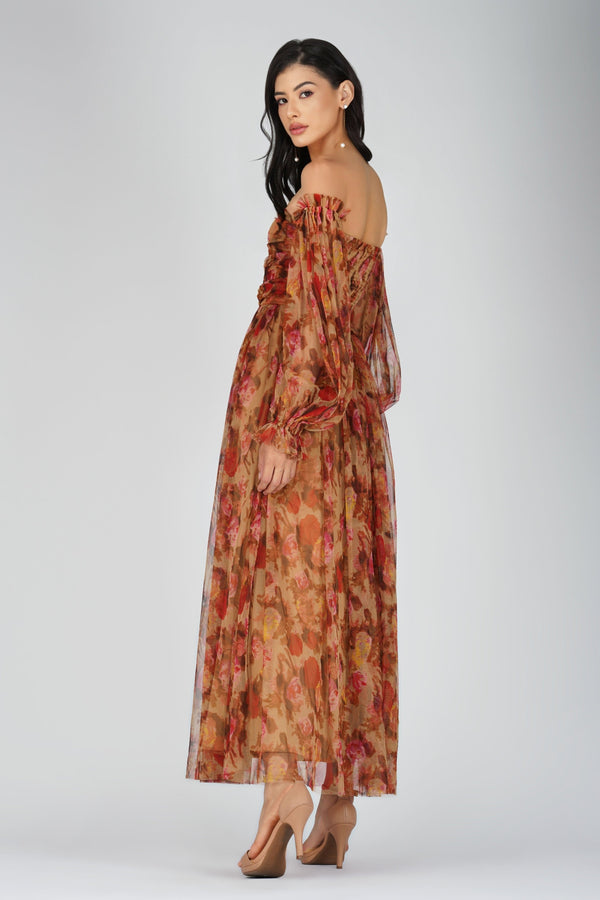 Lace & Beads Lana Brown Floral Tulle Dress