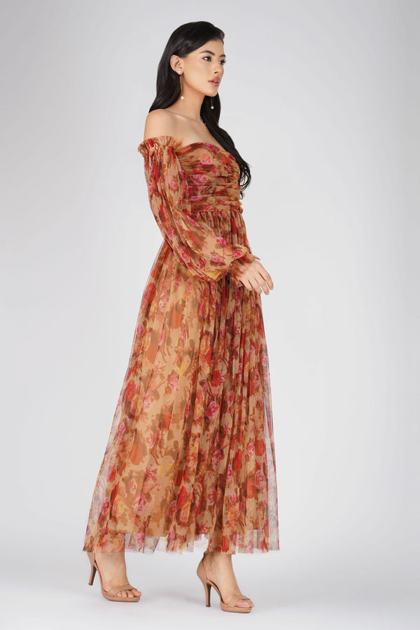 Lace & Beads Lana Brown Floral Tulle Dress