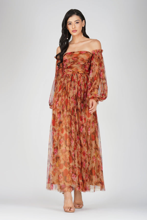 Lace & Beads Lana Brown Floral Tulle Dress