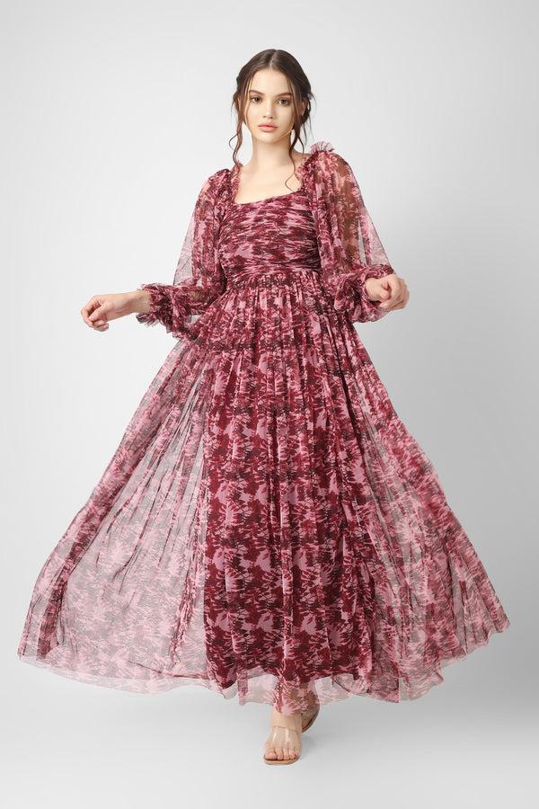 Lace & Beads Lana Burgundy Printed Tulle Dress