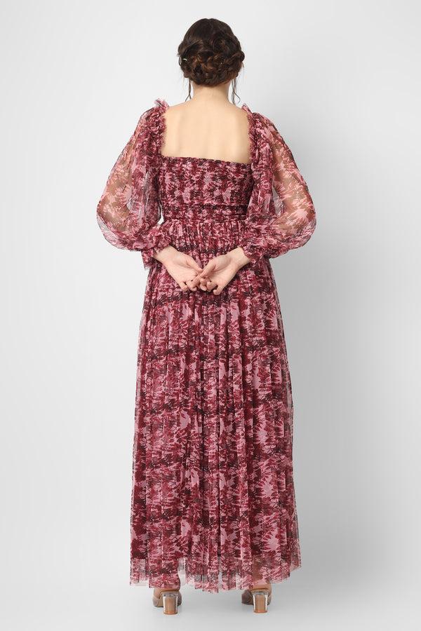 Lace & Beads Lana Burgundy Printed Tulle Dress
