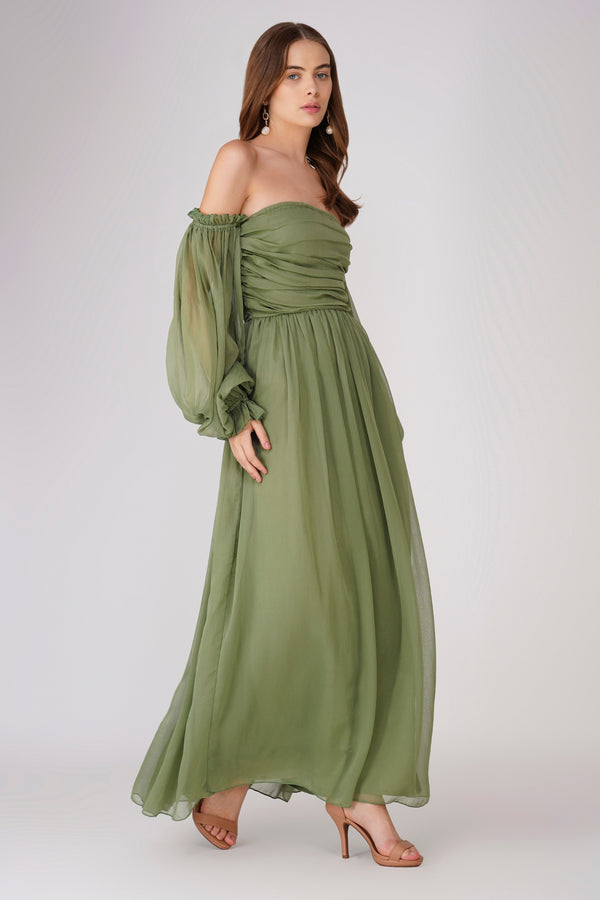 Lace & Beads Lana Chiffon Maxi Dress In Soft Olive