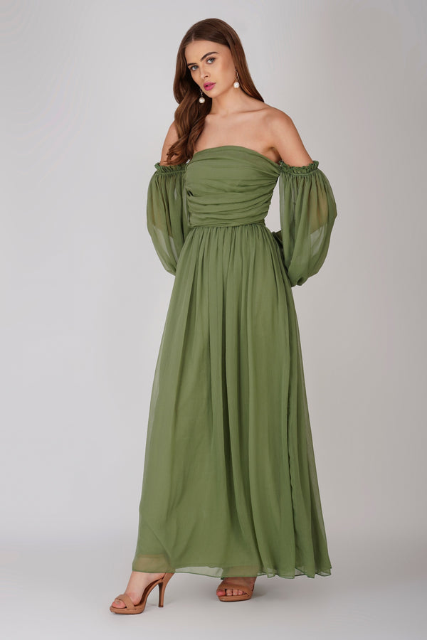 lace & beads Lana Chiffon Maxi Dress in Soft Olive