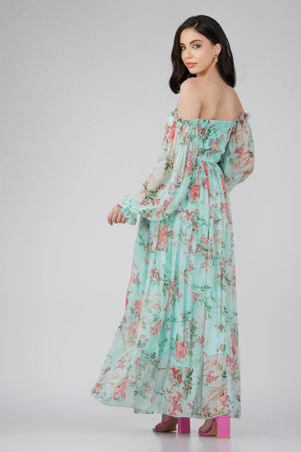 Lace & Beads Lana Chiffon Printed Dress In Green