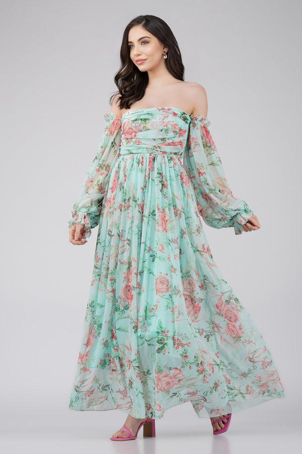 lace & beads Lana Chiffon Printed Dress in Green