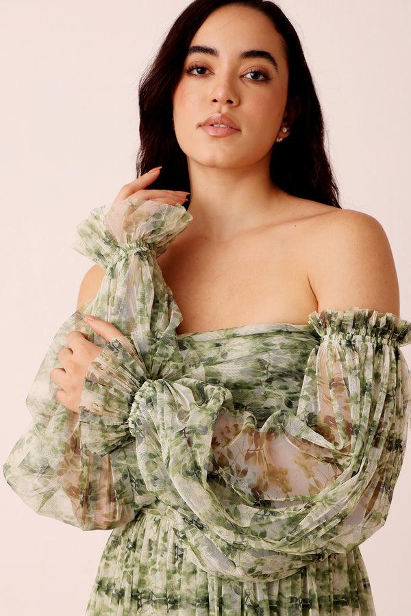 Lace & Beads Lana Green Floral Printed Tulle Dress