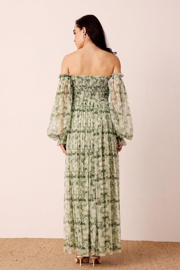 Lace & Beads Lana Green Floral Printed Tulle Dress