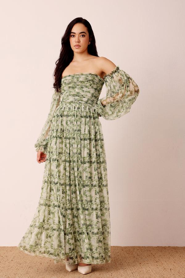 Lace & Beads Lana Green Floral Printed Tulle Dress