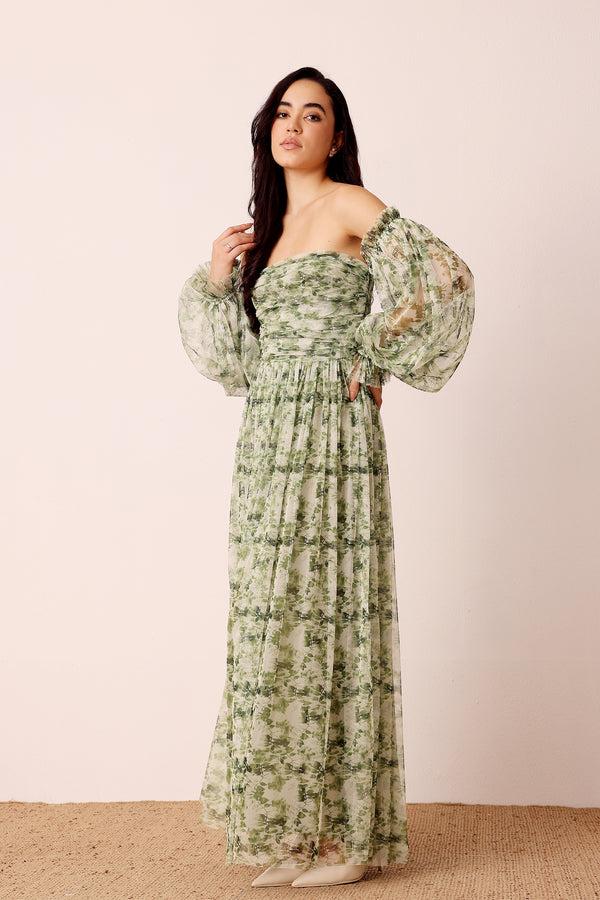 lace & beads Lana Green Floral Printed Tulle Dress