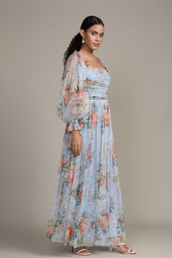 Lace & Beads Lana Maxi Dress In Blue Floral Print