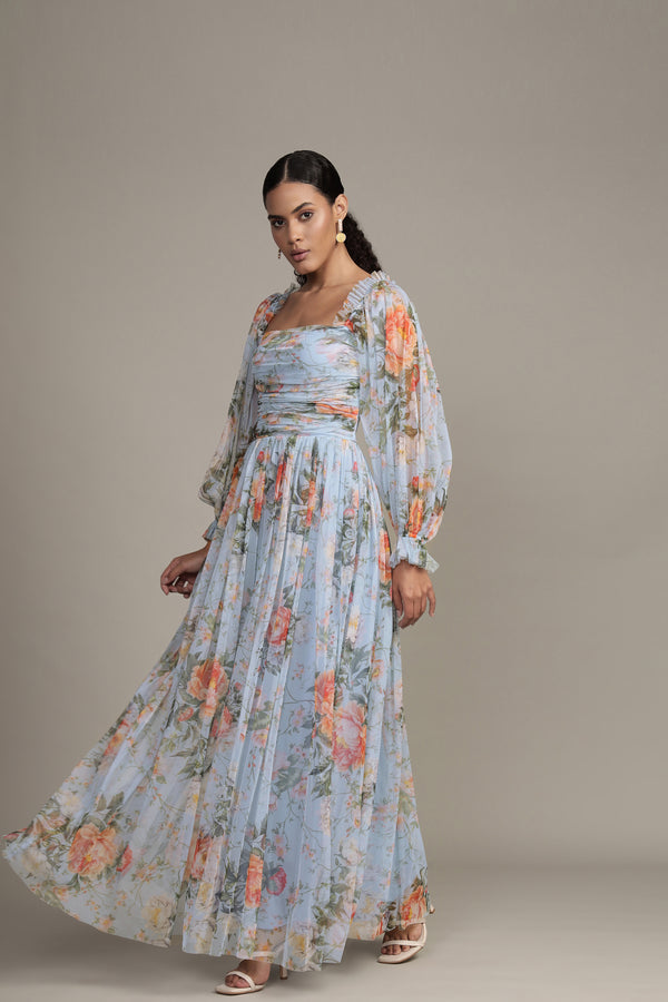 Lace & Beads Lana Maxi Dress In Blue Floral Print