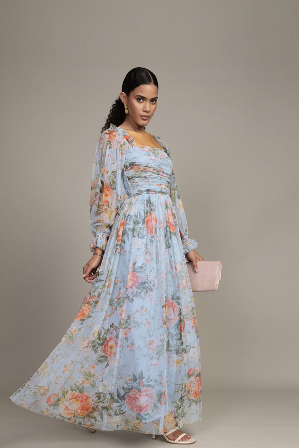 Lace & Beads Lana Maxi Dress In Blue Floral Print