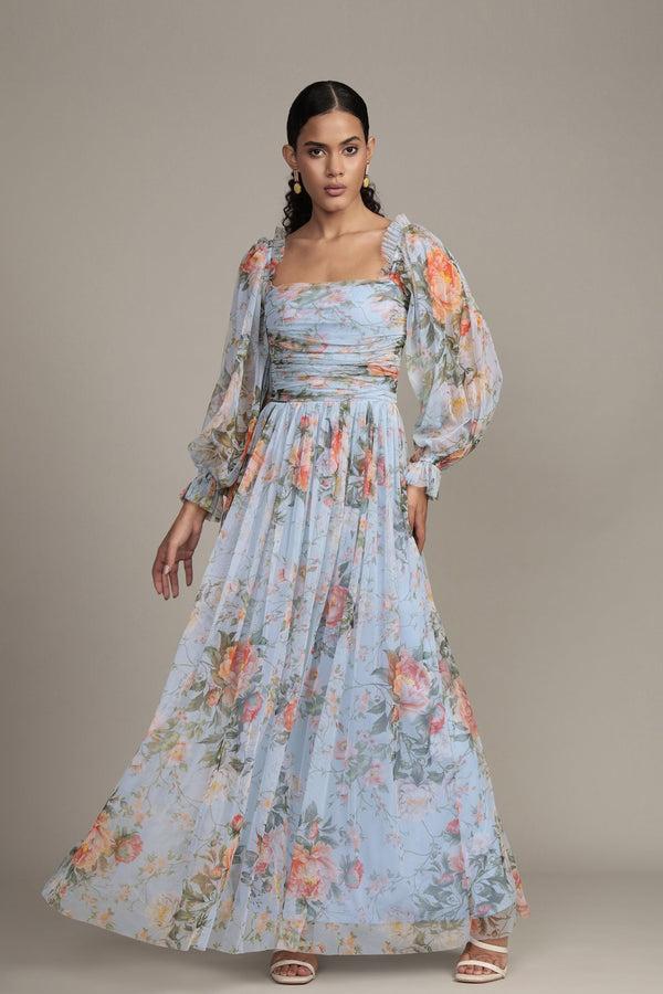 lace & beads Lana Maxi Dress in Blue Floral Print