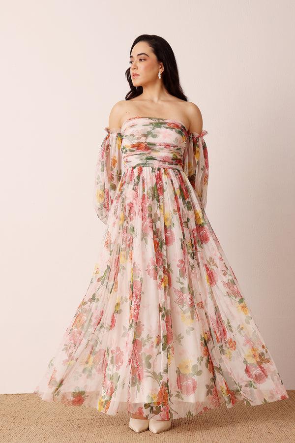 Lace & Beads Lana Maxi Dress In Cream Floral