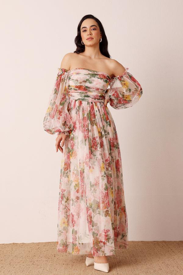 lace & beads Lana Maxi Dress in Cream Floral