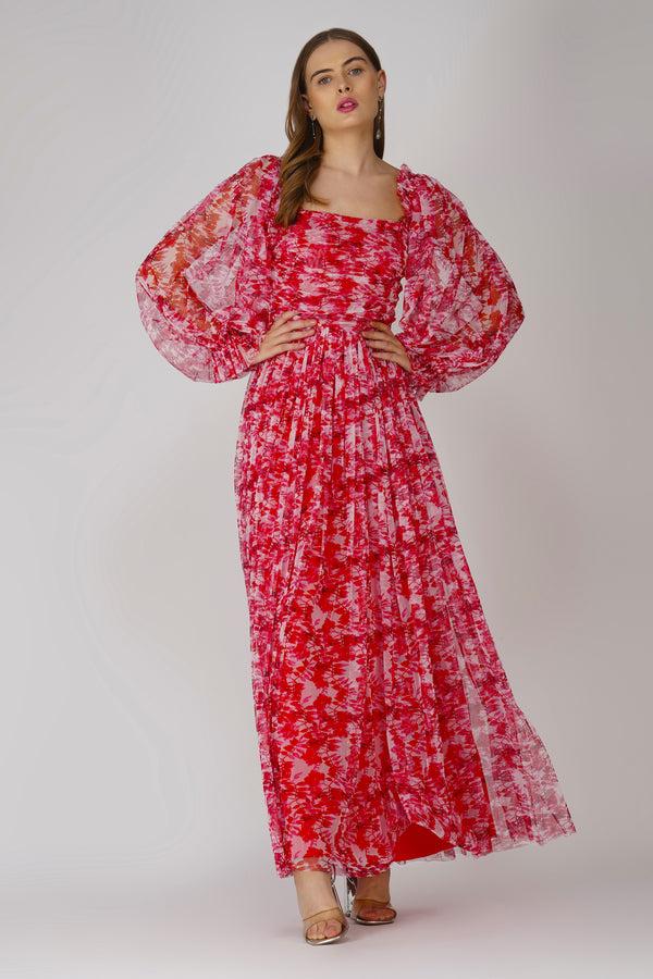 Lace & Beads Lana Red Printed Tulle Dress