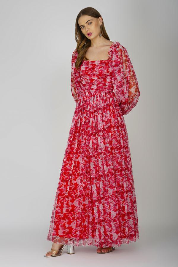 Lace & Beads Lana Red Printed Tulle Dress