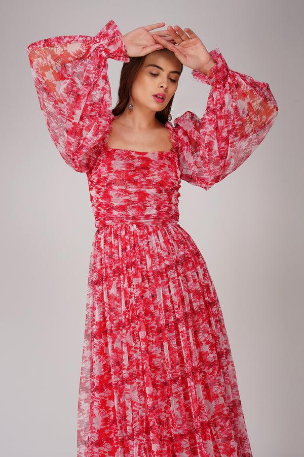 Lace & Beads Lana Red Printed Tulle Dress