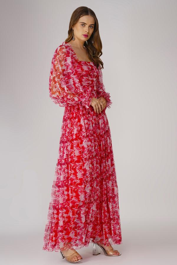 lace & beads Lana Red Printed Tulle Dress