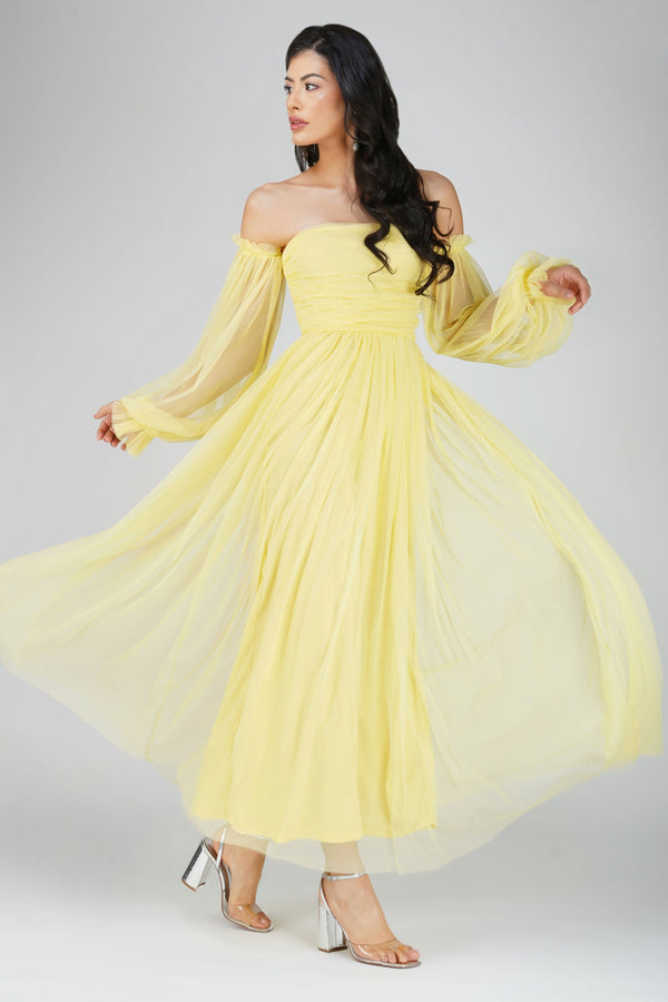Lace & Beads Lana Tulle Maxi Dress In Lemon