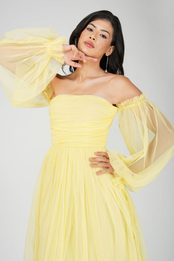 Lace & Beads Lana Tulle Maxi Dress In Lemon