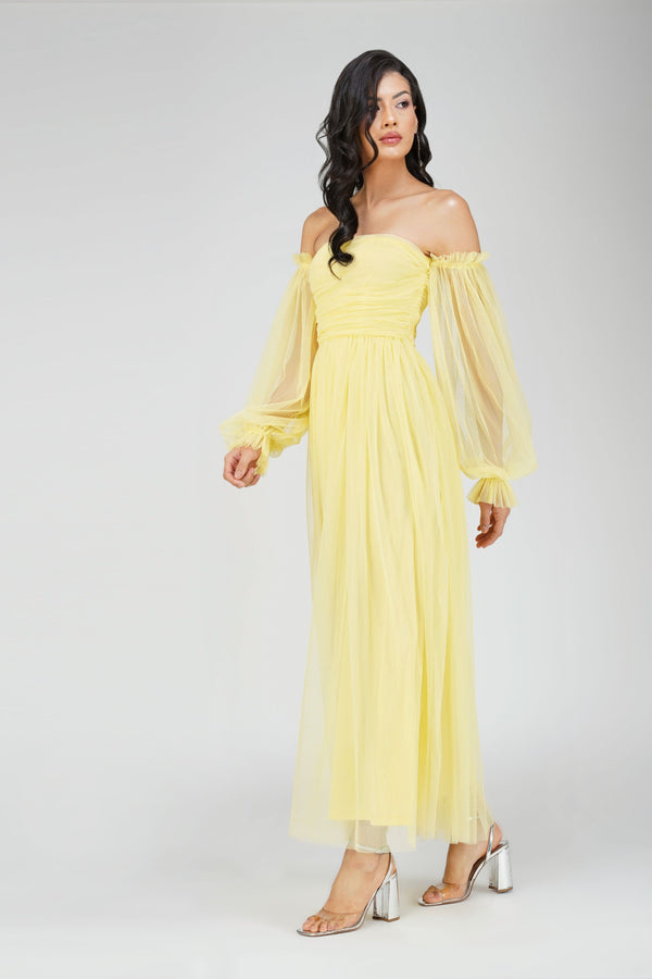 Lace & Beads Lana Tulle Maxi Dress In Lemon