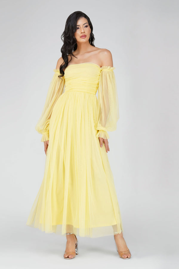 lace & beads Lana Tulle Maxi Dress in Lemon
