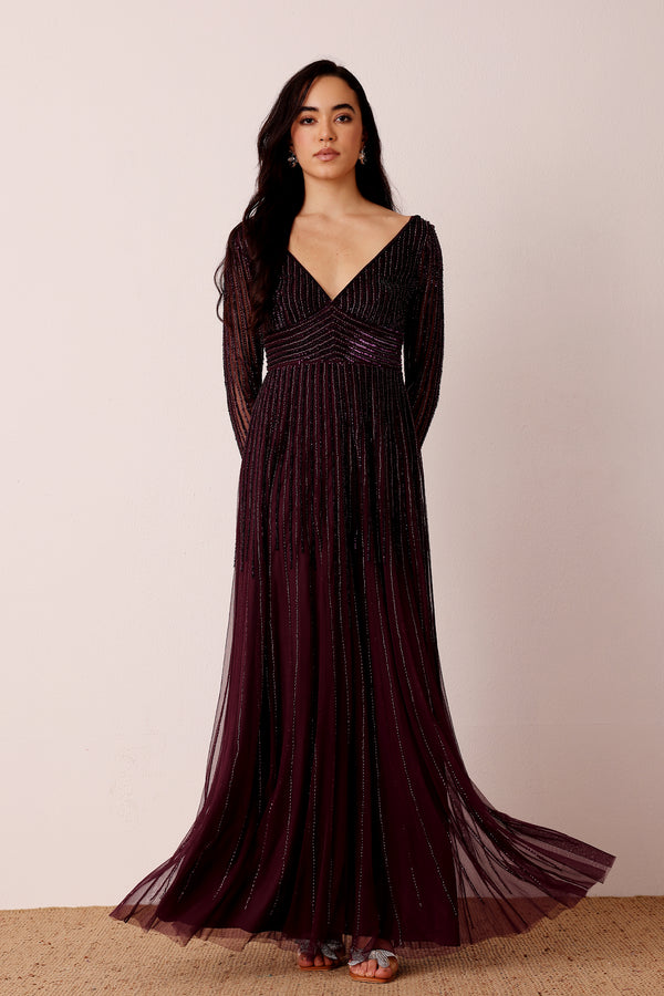 Lace & Beads Laura Embellished Maxi Dress In Berry