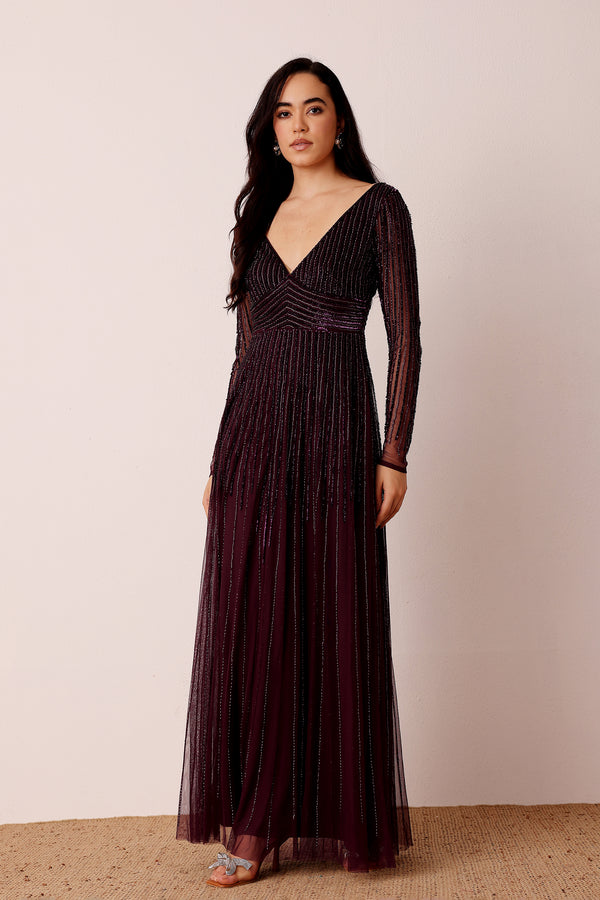 Lace & Beads Laura Embellished Maxi Dress In Berry
