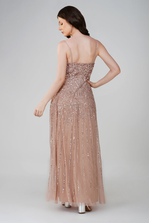 Lace & Beads Legacy Embellished Maxi Dress In Mink