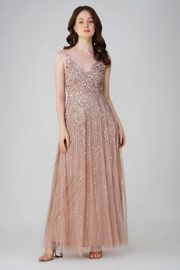 lace & beads Legacy Embellished Maxi Dress in Mink