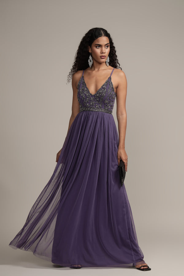 Lace & Beads Lexi Embellished Maxi In Mulled Grape
