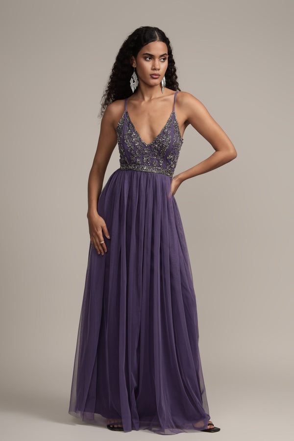 Lace & Beads Lexi Embellished Maxi In Mulled Grape