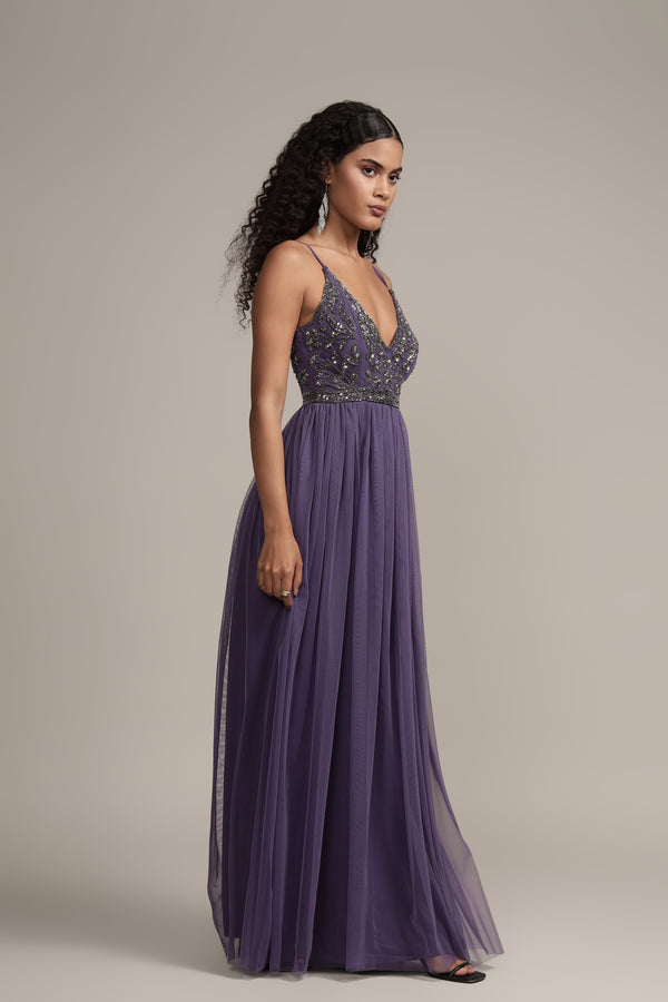Lace & Beads Lexi Embellished Maxi In Mulled Grape