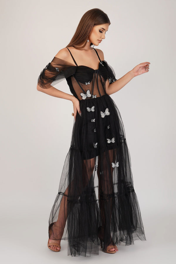 Lace & Beads Lottie Butterfly Dress In Black