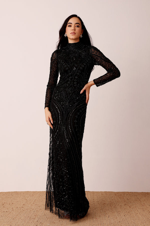 lace & beads Lotus Embellished Maxi Dress in Black