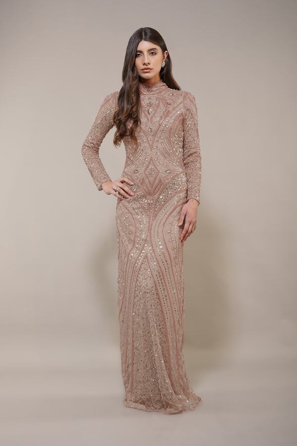 Lace & Beads Lotus Embellished Maxi Dress In Taupe