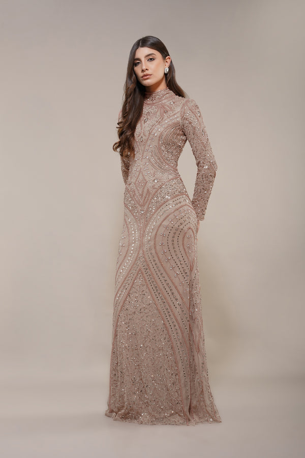 lace & beads Lotus Embellished Maxi Dress in Taupe