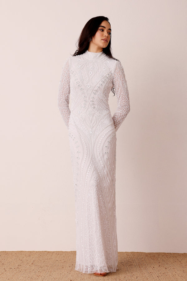 Lace & Beads Lotus Embellished Maxi Dress In White