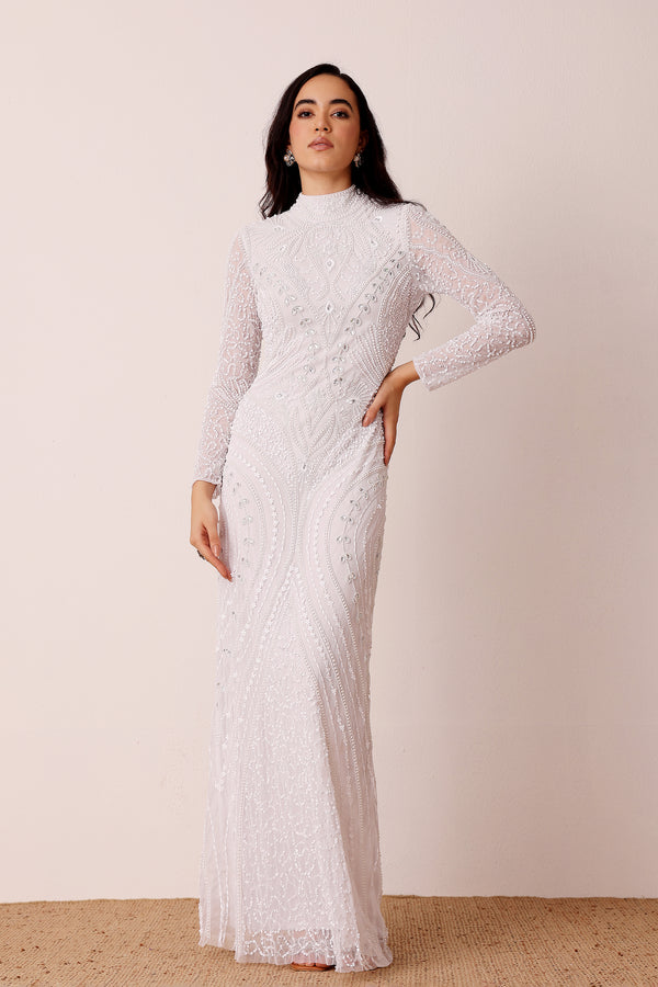Lace & Beads Lotus Embellished Maxi Dress In White
