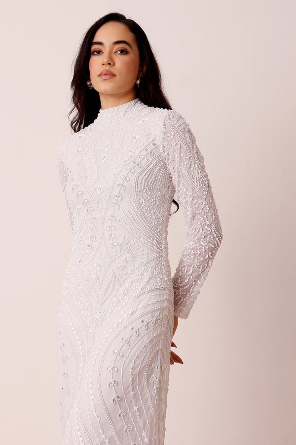 Lace & Beads Lotus Embellished Maxi Dress In White