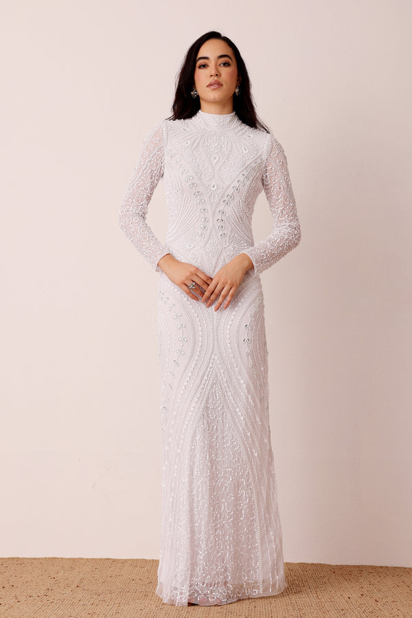 lace & beads Lotus Embellished Maxi Dress in White