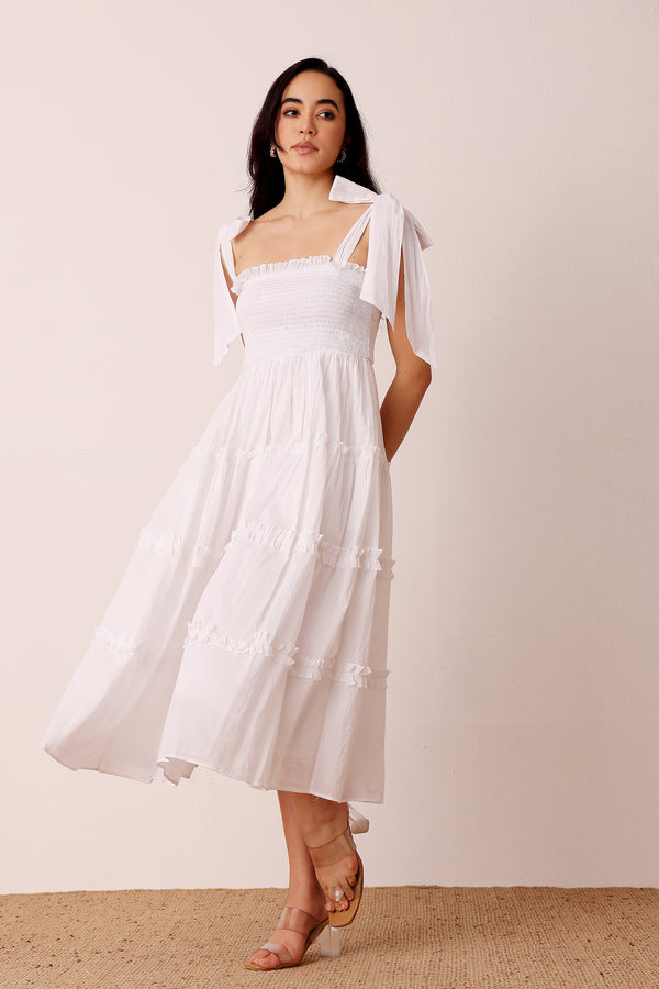 lace & beads Louise Cotton Midi Dress in White