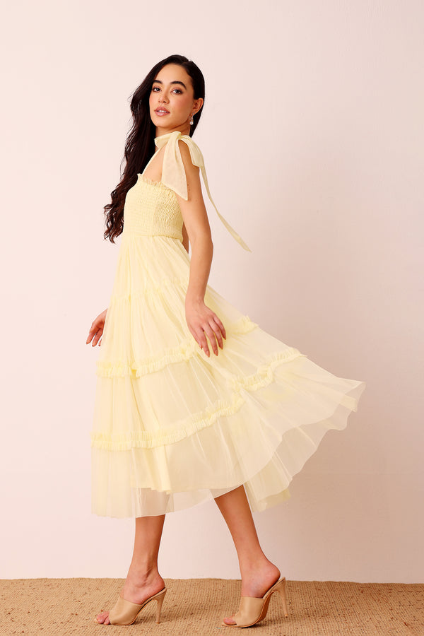 lace & beads Louise Midi Dress in Buttercup