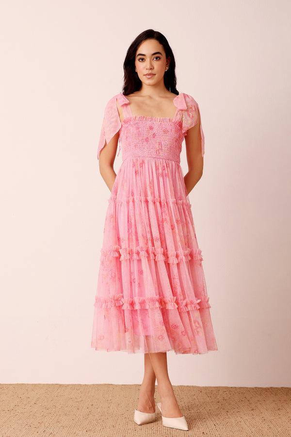 Lace & Beads Louise Midi Dress In Pink Floral