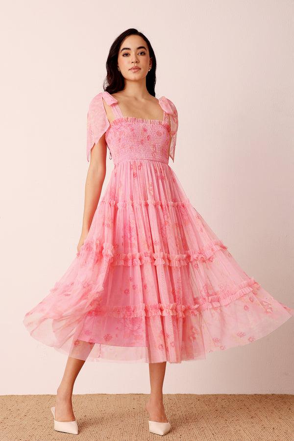 Lace & Beads Louise Midi Dress In Pink Floral